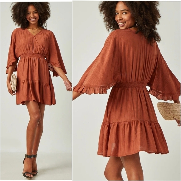 {M} Hayden Exaggerated Open Ruffled Dolman Sleeve Dress in Brick - Picture 1 of 10